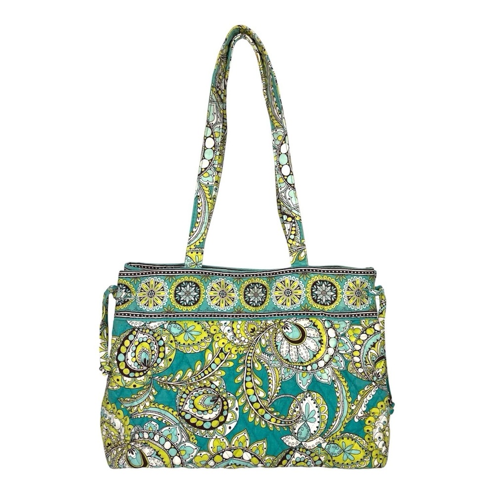 Vera Bradley Peacock Paisley Tie Tote Bag Teal Yellow Retired Quilted